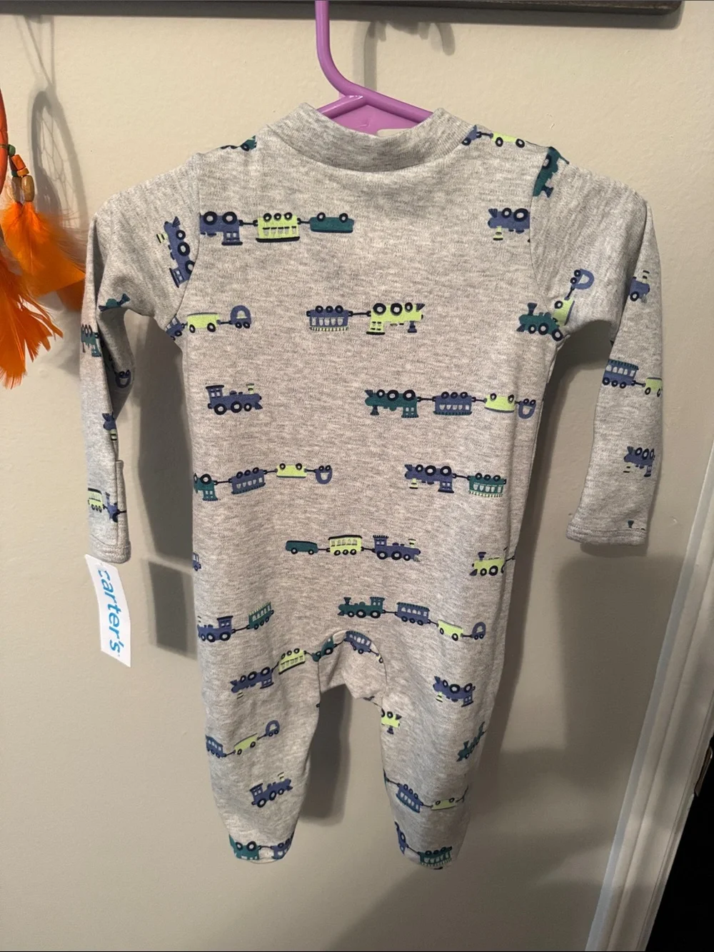 Carter's Light Gray Train-Print Footed One-Piece